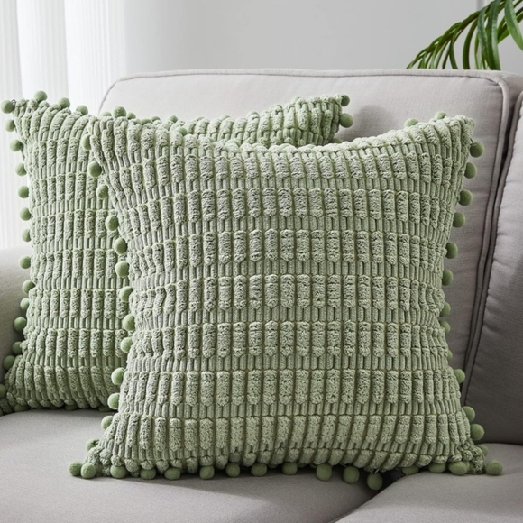 Sage Green Pom Pom Textured Pillow Case Lot set - Picture 1 of 10